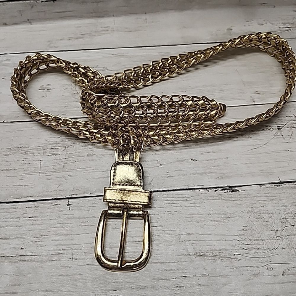 VINTAGE GOLD BUCKLE BELT METAL CHAIN BOHO HIPPIE 1 1/4" SIZE L 45" - Picture 7 of 7